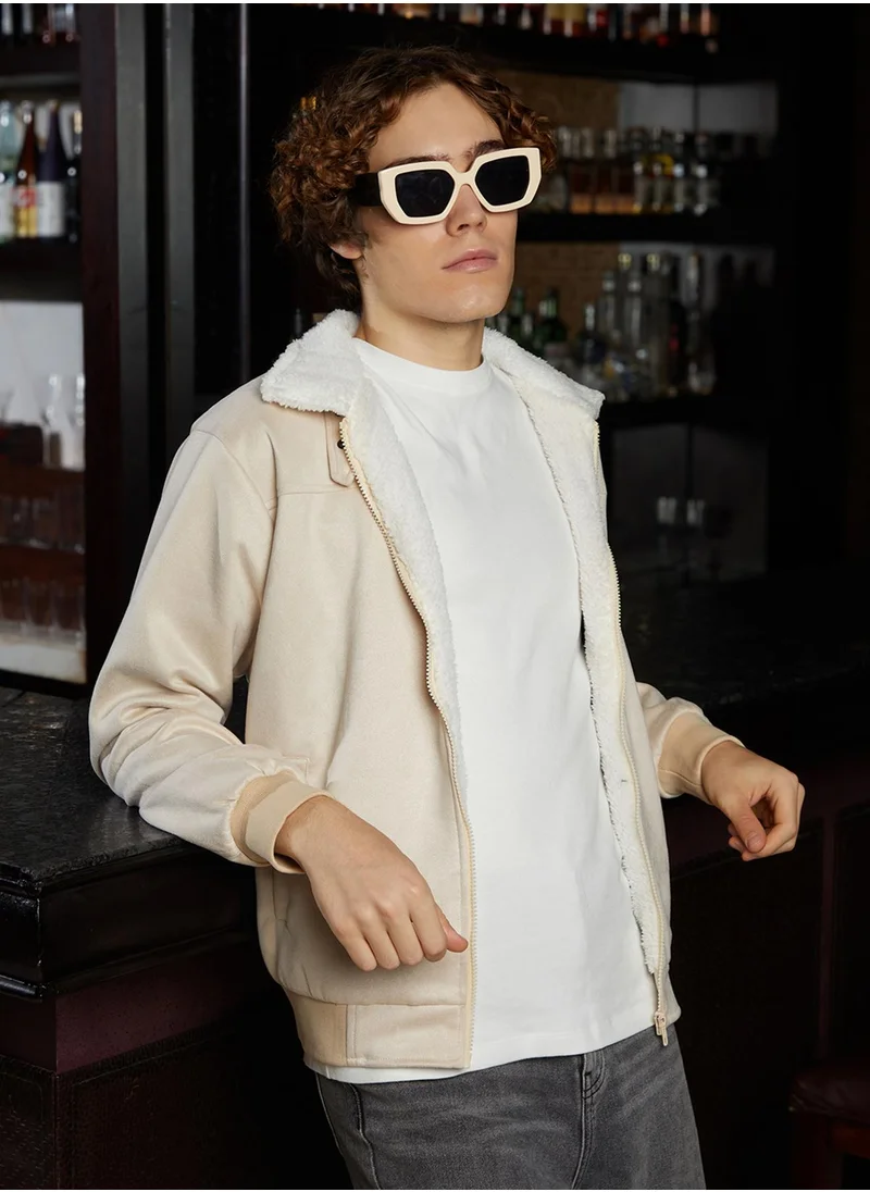Campus Sutra Men's Off-White & Cream White Fleece-Lined Bomber Jacket