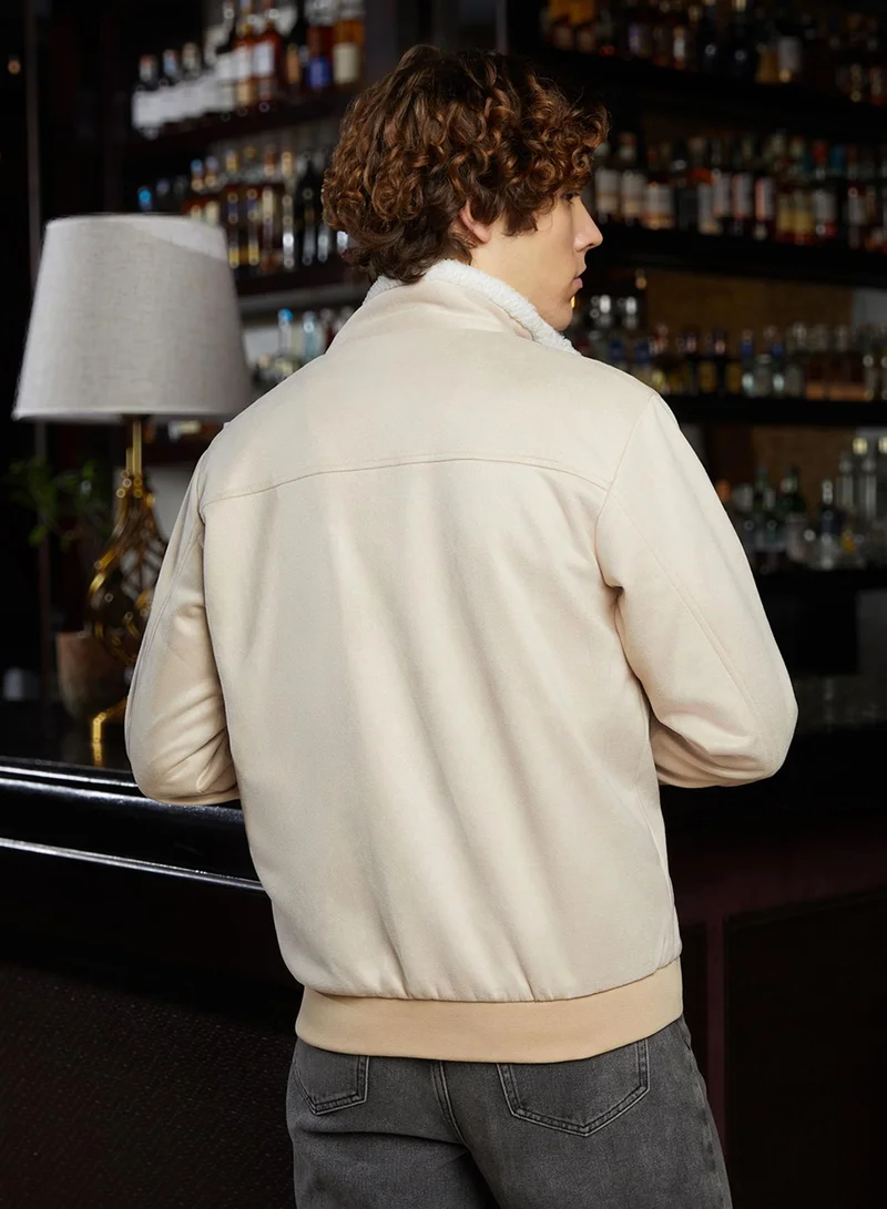 كامبوس سوترا Men's Off-White & Cream White Fleece-Lined Bomber Jacket