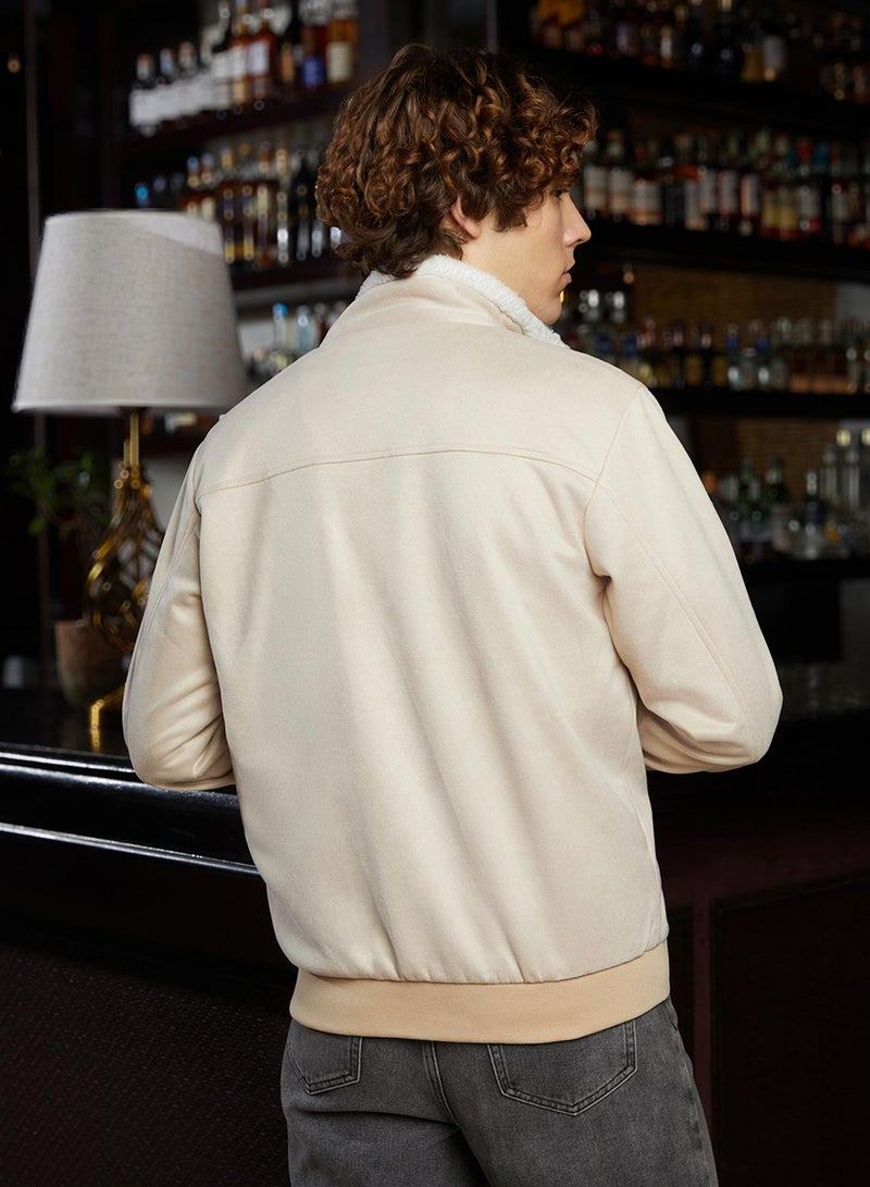 كامبوس سوترا Men's Off-White & Cream White Fleece-Lined Bomber Jacket  - Image 5