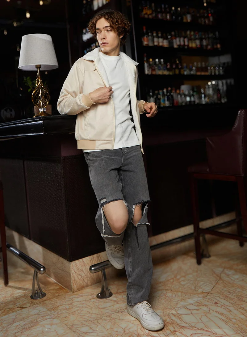 كامبوس سوترا Men's Off-White & Cream White Fleece-Lined Bomber Jacket