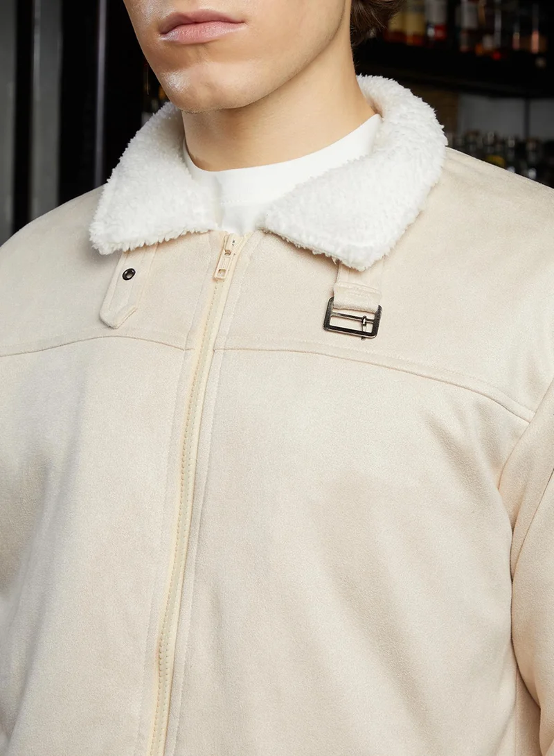 كامبوس سوترا Men's Off-White & Cream White Fleece-Lined Bomber Jacket