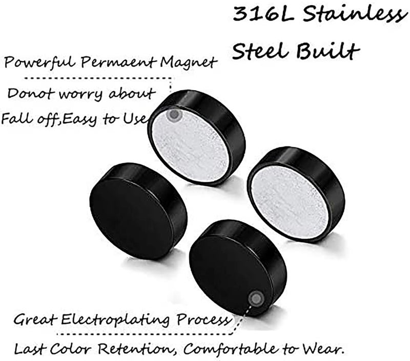 SIISPRI YZstyle 4-5 Pairs 6-12mm Black Stainless Steel Magnetic Fake Gauges Earring Studs for Men Women Non Pierced Earrings,Hypoallergenic (Black(6-12mm 4 Pairs)) - Image 2