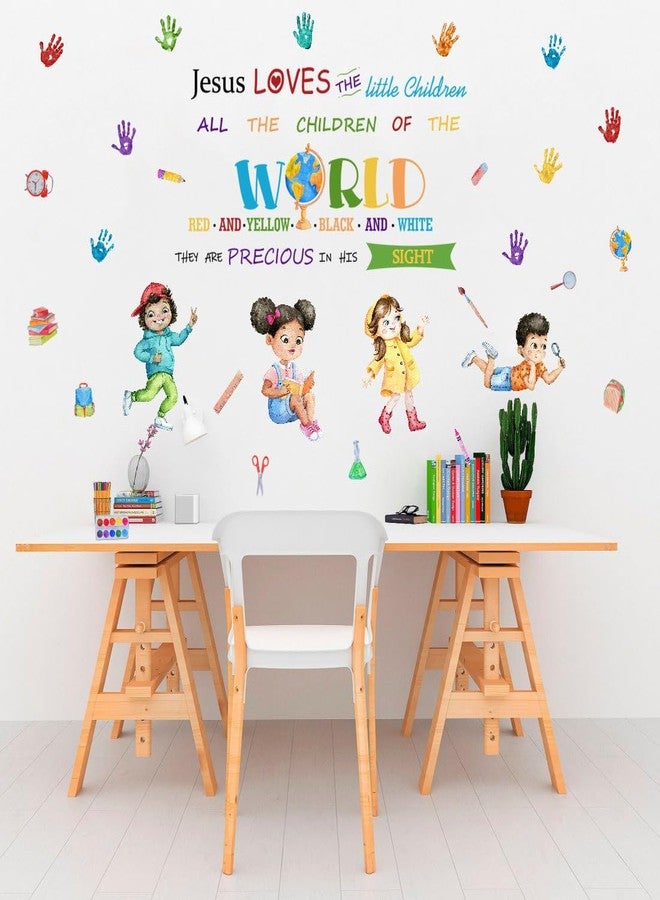 YIMEHDAN Jesus Loves The Little Children Equality Wall Decal, Bible Verses Inspirational Quote Handprint Vinyl Wall Stickers, Removable Learning Student Artwork for School Classroom Playroom Decor - Image 2