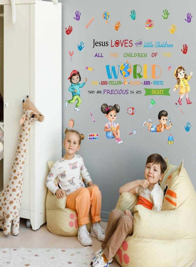 YIMEHDAN Jesus Loves The Little Children Equality Wall Decal, Bible Verses Inspirational Quote Handprint Vinyl Wall Stickers, Removable Learning Student Artwork for School Classroom Playroom Decor - Image 3