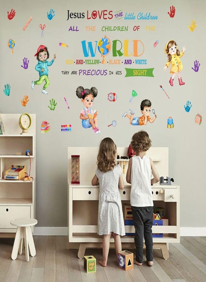 YIMEHDAN Jesus Loves The Little Children Equality Wall Decal, Bible Verses Inspirational Quote Handprint Vinyl Wall Stickers, Removable Learning Student Artwork for School Classroom Playroom Decor - Image 4