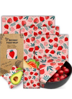 Reusable Beeswax Wrap - 3 Pack Wraps for Food, Eco-Friendly Food Wraps, Bread Sandwich Wrapper Organic, Sustainable, Free Storage Wrap, 1L, 1M, 1S Strawberry Pattern