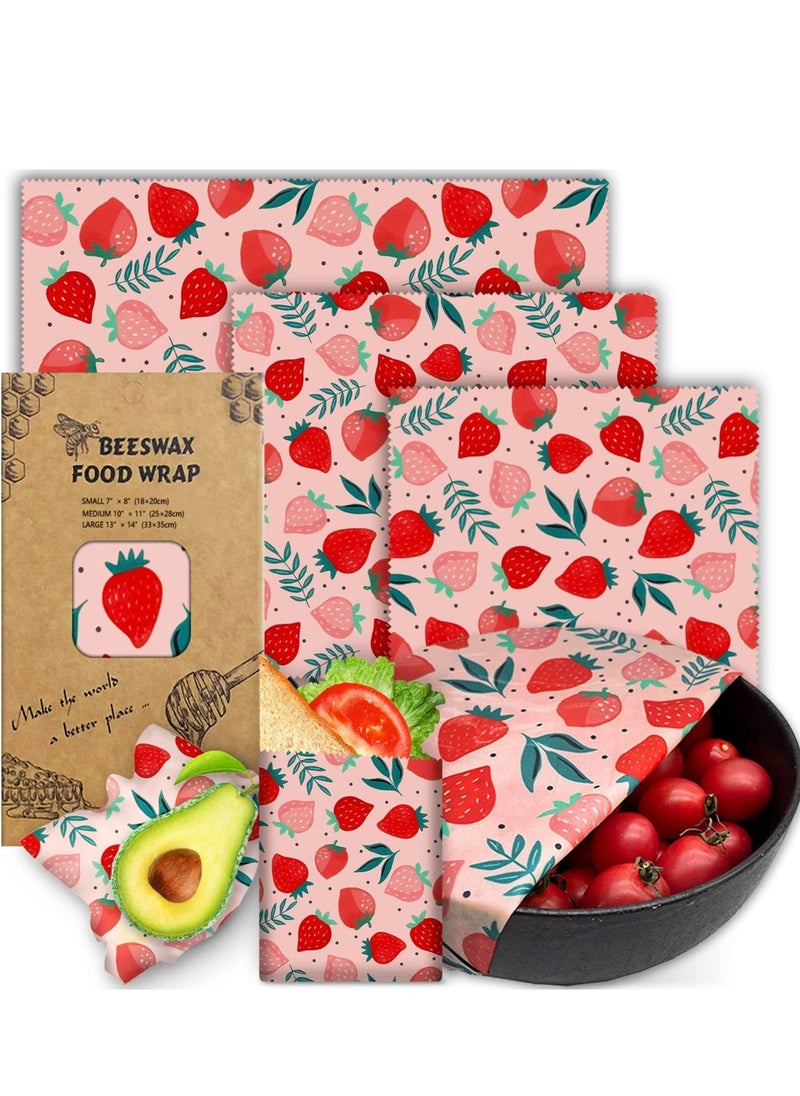 Y&D - Reusable Beeswax Wrap - 3 Pack Wraps for Food, Eco-Friendly Food Wraps, Bread Sandwich Wrapper Organic, Sustainable, Free Storage Wrap, 1L, 1M, 1S Strawberry Pattern - Image 1