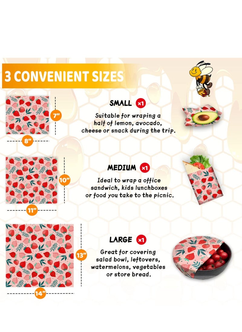 Y&D - Reusable Beeswax Wrap - 3 Pack Wraps for Food, Eco-Friendly Food Wraps, Bread Sandwich Wrapper Organic, Sustainable, Free Storage Wrap, 1L, 1M, 1S Strawberry Pattern - Image 1