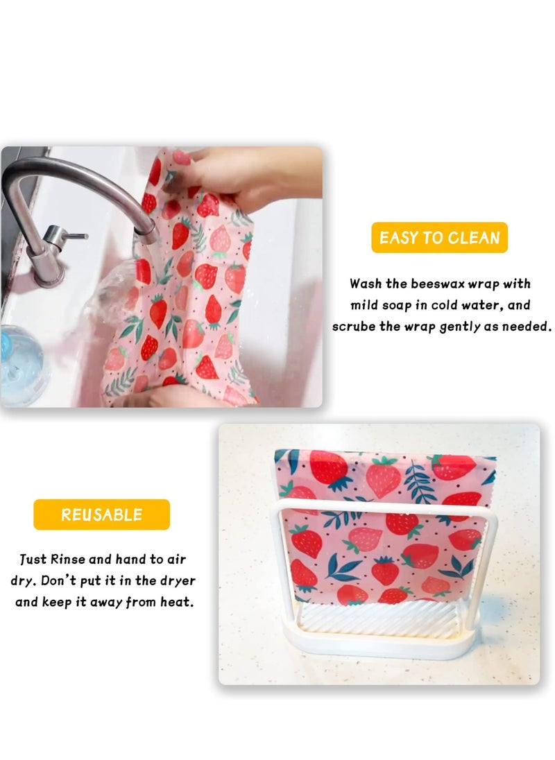 Y&D - Reusable Beeswax Wrap - 3 Pack Wraps for Food, Eco-Friendly Food Wraps, Bread Sandwich Wrapper Organic, Sustainable, Free Storage Wrap, 1L, 1M, 1S Strawberry Pattern - Image 1