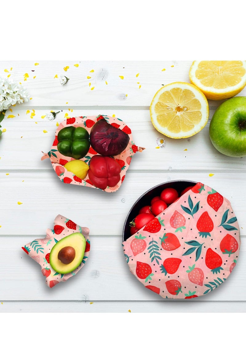 Y&D - Reusable Beeswax Wrap - 3 Pack Wraps for Food, Eco-Friendly Food Wraps, Bread Sandwich Wrapper Organic, Sustainable, Free Storage Wrap, 1L, 1M, 1S Strawberry Pattern - Image 1