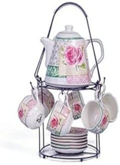 Lotus Lotus Porcelain Round Cocoa 14-Piece Set, Multicolor 4 (1 large plate + 1 medium plate + 1 small plate + stainless steel cage holder) 