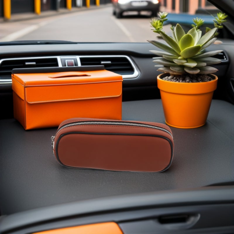Car Console Organizer Bag: Pu Leather Vehicle Sundries Bag For Center Console Seat Back And Rear Seat - Easy Install Car Interior Accessories Keep Glasses Phone Key Within Reach Orange - Image 2