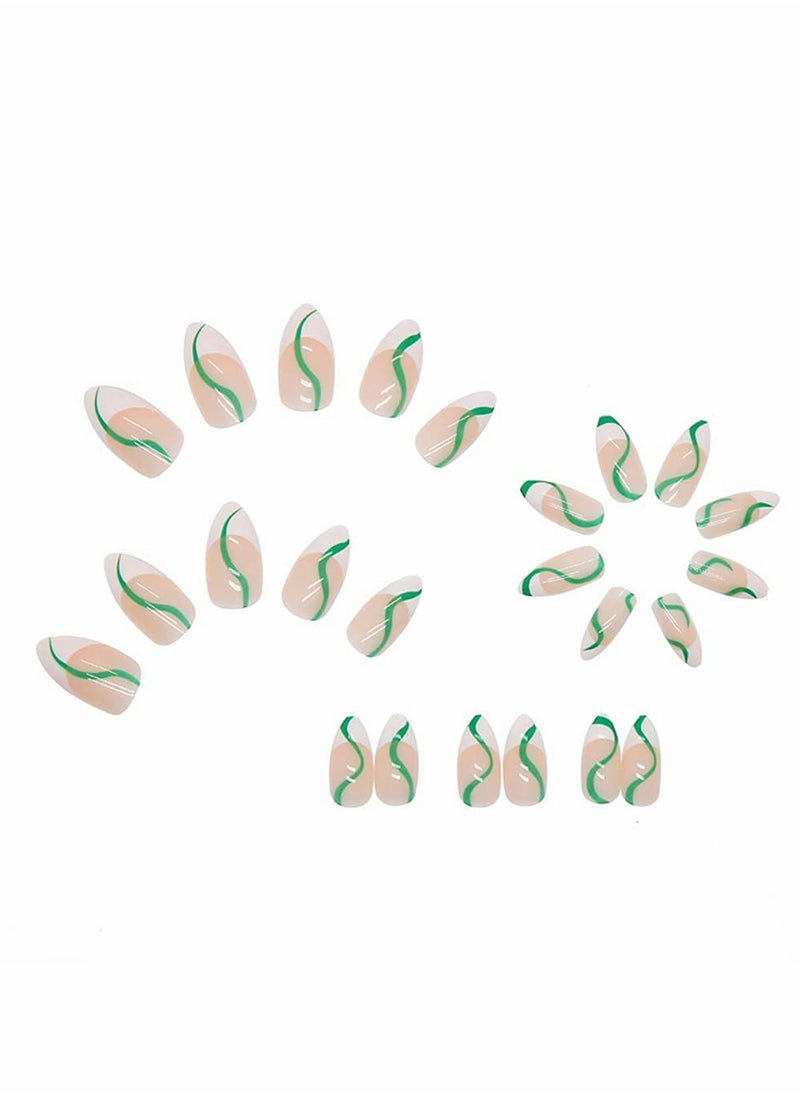 KASTWAVE - 24 Pcs Almond French Nails Cute Maiden Medium Length Stick on Nails Nude White Stripes Acrylic Nails Press on Green Swirl Artificial Nails Abstract Nail Art Tips for Women and Girls - Image 1