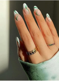 24 Pcs Almond French Nails Cute Maiden Medium Length Stick on Nails Nude White Stripes Acrylic Nails Press on Green Swirl Artificial Nails Abstract Nail Art Tips for Women and Girls