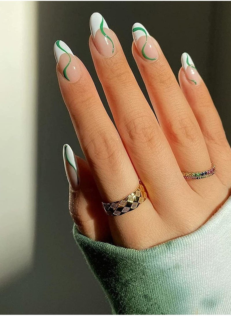 KASTWAVE - 24 Pcs Almond French Nails Cute Maiden Medium Length Stick on Nails Nude White Stripes Acrylic Nails Press on Green Swirl Artificial Nails Abstract Nail Art Tips for Women and Girls - Image 1