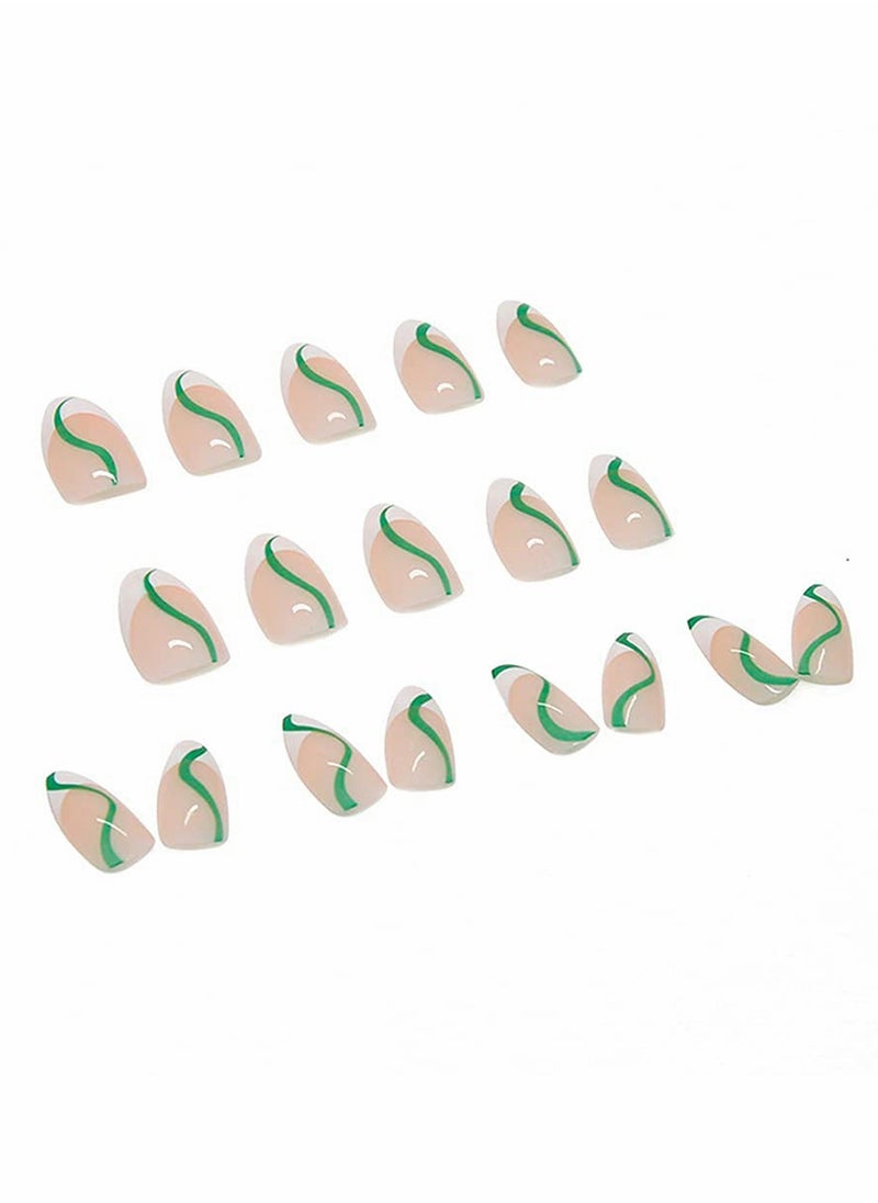 KASTWAVE - 24 Pcs Almond French Nails Cute Maiden Medium Length Stick on Nails Nude White Stripes Acrylic Nails Press on Green Swirl Artificial Nails Abstract Nail Art Tips for Women and Girls - Image 1