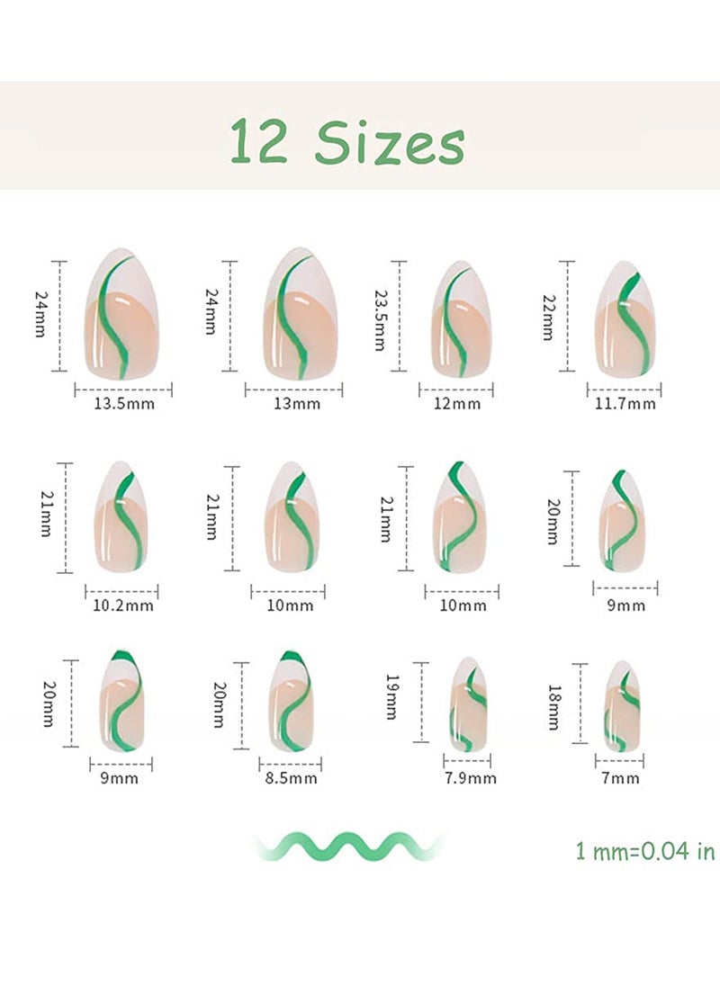 KASTWAVE - 24 Pcs Almond French Nails Cute Maiden Medium Length Stick on Nails Nude White Stripes Acrylic Nails Press on Green Swirl Artificial Nails Abstract Nail Art Tips for Women and Girls - Image 1
