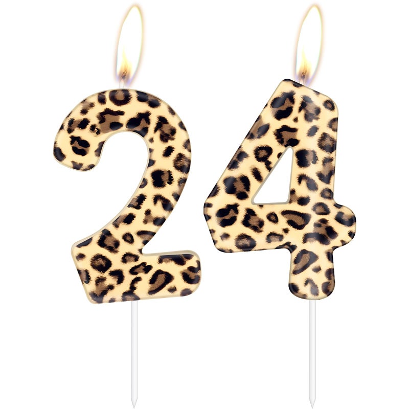 iNINGER Leopard Print Number 24 Candles, Cheetah Birthday Cake Candles, Animal Print Party Decorations - Image 1