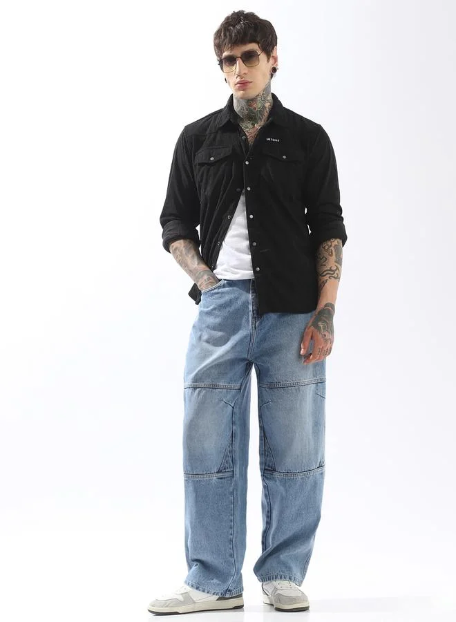 هاي ستار جينز أزرق سادة بأزرار منسوجة بخصر متوسط للرجال