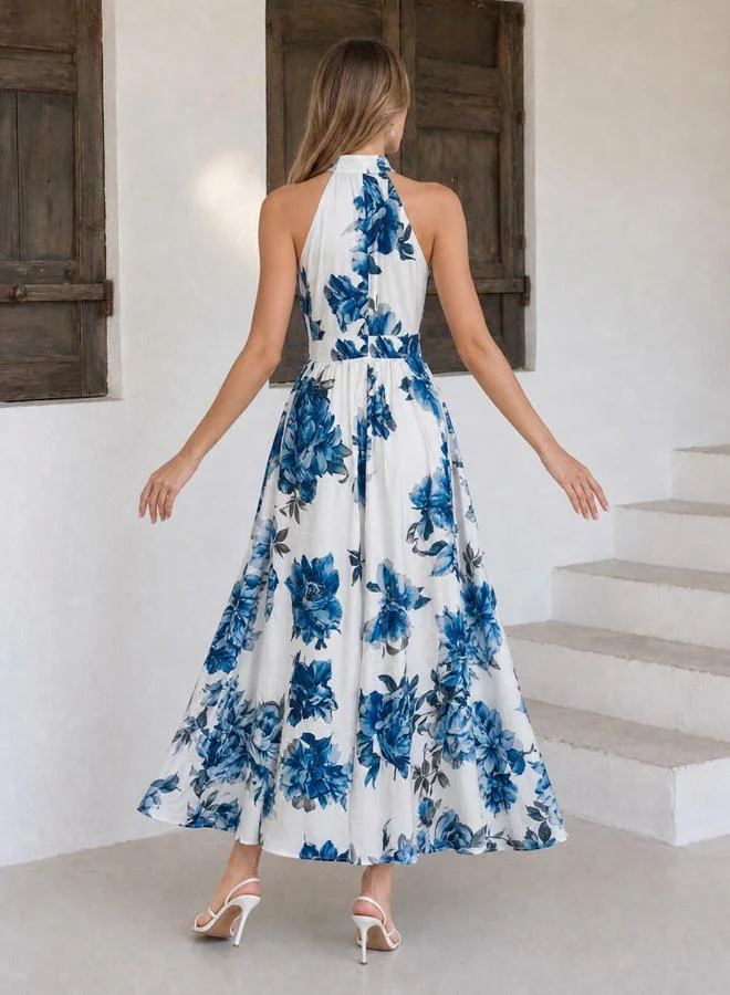 Styli white and blue floral Floral Sleeveless A-Line Maxi Dress for Women | Best Price UAE