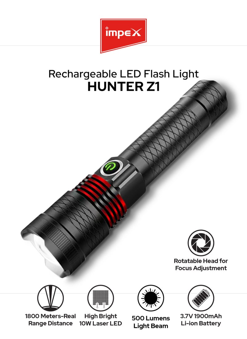 Impex Rechargeable Zoomable Flashlight, 10W Laser LED, 500 Lumens, 2000mAh Li-ion Battery, Range 1800M, Focus adjust Head, Type-C Charging, 2 Years Warranty – Hunter Z1 - Black  - Image 1
