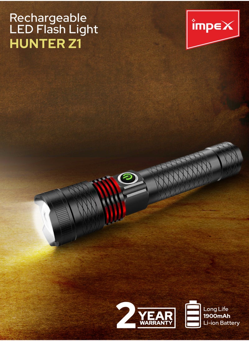 Impex Rechargeable Zoomable Flashlight, 10W Laser LED, 500 Lumens, 2000mAh Li-ion Battery, Range 1800M, Focus adjust Head, Type-C Charging, 2 Years Warranty – Hunter Z1 - Black  - Image 3