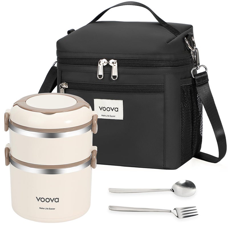Voova Stackable Stainless Steel Thermal Lunch Box with Lunch Bag for Women Men Adult, 2 Tier Leakproof & Microwave Safe Insulated Bento Boxes Food Container for Work, Black - Image 1