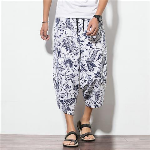 Chinese Style Mens Casual Cotton Linen Capris Blue k29-9  - Image 3