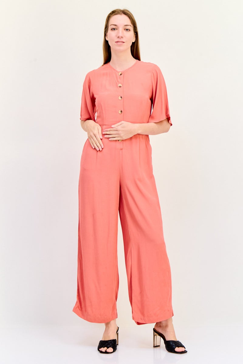 ONLY Women Round Neck Short Sleeve Plain Jumpsuit, Blush Pink - Image 1