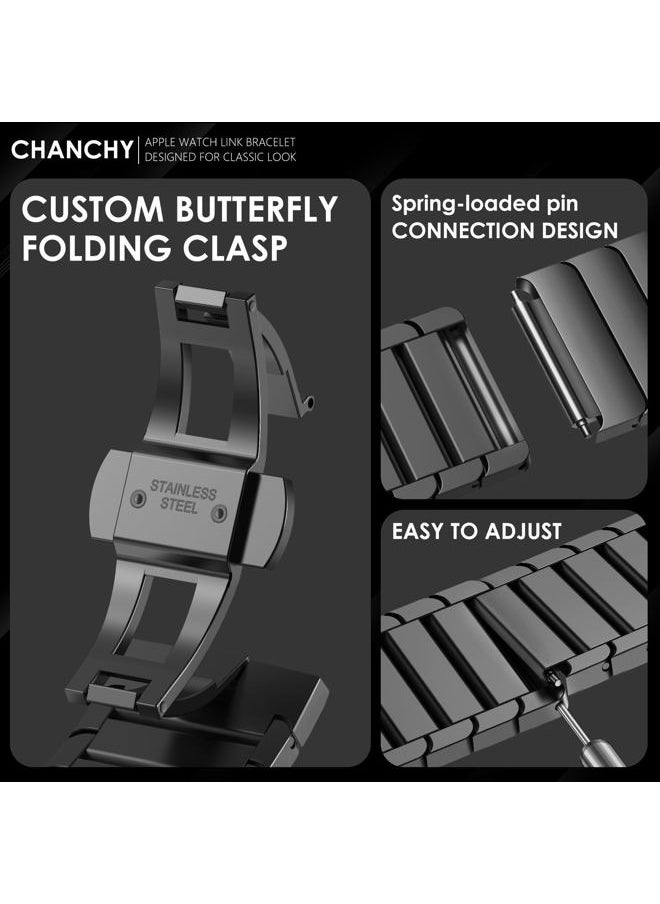 CHANCHY - Stainless Steel Band for Apple Watch Ultra/Ultra 2 Link Bracelet 49mm 46mm 44mm 45mm, Metal Strap with Folding Clasp for Apple Watch Series 10 9 8 7 6 5 4 3 2 1 SE (Black, 49mm 46mm 45mm 44mm) - Image 1