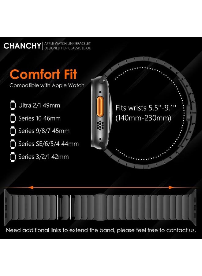 CHANCHY - Stainless Steel Band for Apple Watch Ultra/Ultra 2 Link Bracelet 49mm 46mm 44mm 45mm, Metal Strap with Folding Clasp for Apple Watch Series 10 9 8 7 6 5 4 3 2 1 SE (Black, 49mm 46mm 45mm 44mm) - Image 1