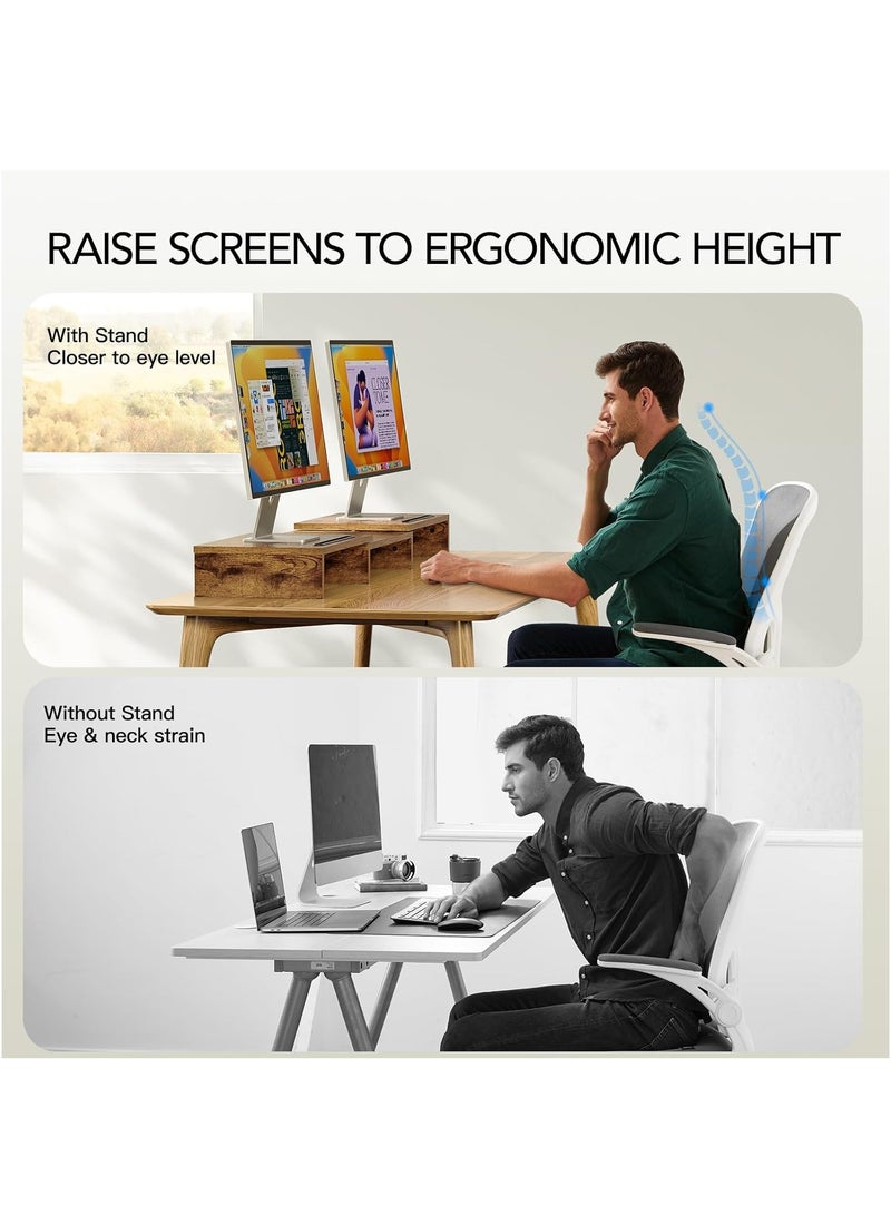 FlashHawk Dual Monitor Stand Riser with 3 Shelves, Adjustable Length & Angle, Extra Long Multifunctional Desk Organizer for 2 Monitors up to 24", Laptop, PC, PS5, Ergonomic Office Desktop Storage Stand - Dark Wood  - Image 3