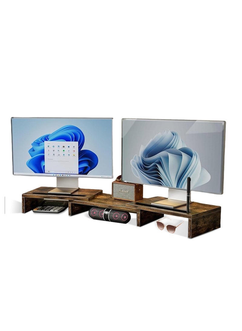 FlashHawk Dual Monitor Stand Riser with 3 Shelves, Adjustable Length & Angle, Extra Long Multifunctional Desk Organizer for 2 Monitors up to 24", Laptop, PC, PS5, Ergonomic Office Desktop Storage Stand - Dark Wood  - Image 1