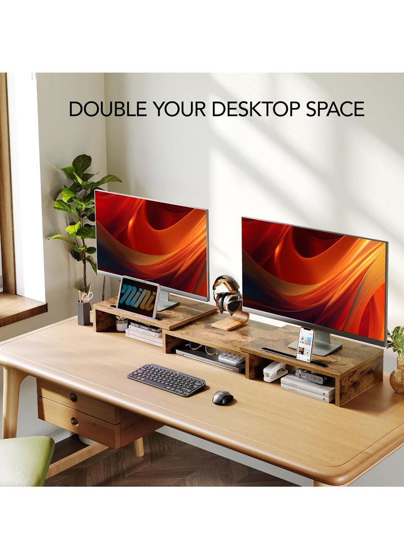 FlashHawk Dual Monitor Stand Riser with 3 Shelves, Adjustable Length & Angle, Extra Long Multifunctional Desk Organizer for 2 Monitors up to 24", Laptop, PC, PS5, Ergonomic Office Desktop Storage Stand - Dark Wood  - Image 2