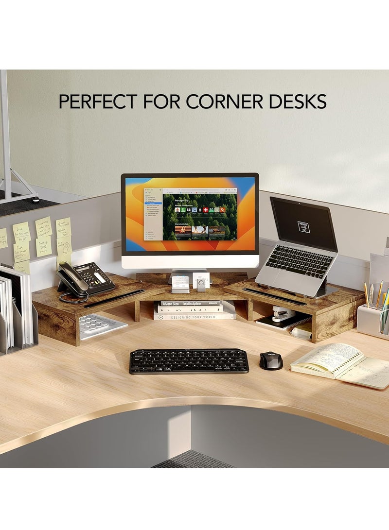 FlashHawk Dual Monitor Stand Riser with 3 Shelves, Adjustable Length & Angle, Extra Long Multifunctional Desk Organizer for 2 Monitors up to 24", Laptop, PC, PS5, Ergonomic Office Desktop Storage Stand - Dark Wood  - Image 5