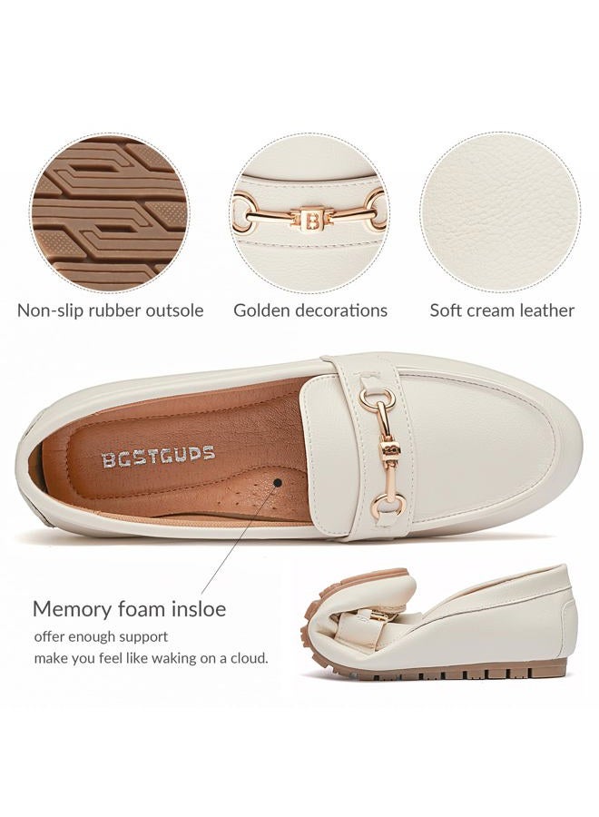 BGSTGUDS Women's Wide Loafers Shoes Cute Dressy Shoes Ladies Comfort Slip Ons Work Shoes, Cream Napa Leather, 11 Wide - Image 3