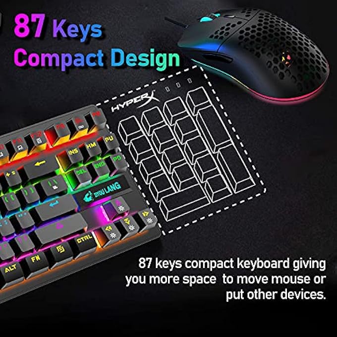 HYPER WIRED GAMING KEYBOARD MOUSE SET, WIRED MINI 87 KEYS BLUE SWITCH COMPACT MECHANICAL KEYBOARD WITH 8 RAINBOW BACKLIT MODE,29 KEYS ANTI-GHOSTING + 6400DPI LIGHTWEIGHT GAMING HONEYCOMB MOUSE + MOUSE PAD - Image 2