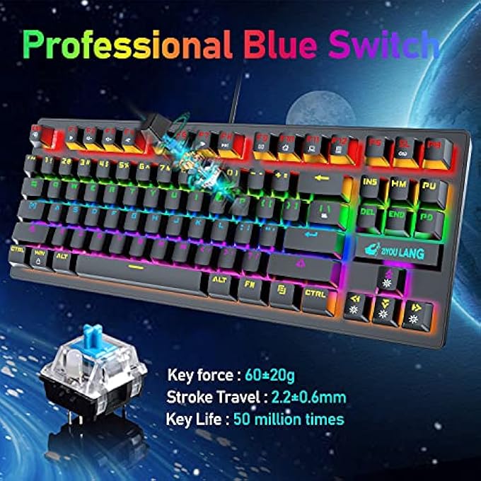 HYPER WIRED GAMING KEYBOARD MOUSE SET, WIRED MINI 87 KEYS BLUE SWITCH COMPACT MECHANICAL KEYBOARD WITH 8 RAINBOW BACKLIT MODE,29 KEYS ANTI-GHOSTING + 6400DPI LIGHTWEIGHT GAMING HONEYCOMB MOUSE + MOUSE PAD - Image 3