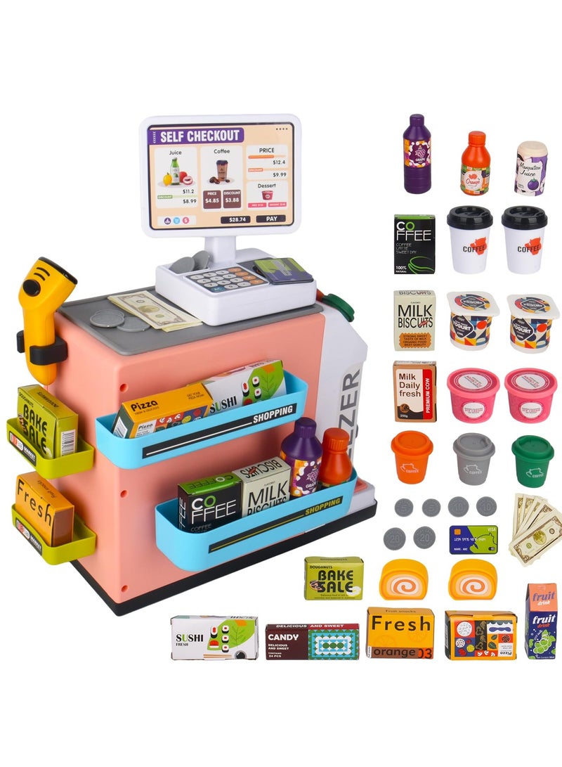 SYOSI 46Pcs Pretend Play Cash Register Toy Set Children's Supermarket Vending Machine with Calculator Shopping Bag Scanners Credit Cards Coffee Machine Play Food Gift for Boys and Girls Ages 3+ - Image 1