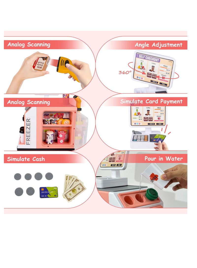 SYOSI 46Pcs Pretend Play Cash Register Toy Set Children's Supermarket Vending Machine with Calculator Shopping Bag Scanners Credit Cards Coffee Machine Play Food Gift for Boys and Girls Ages 3+ - Image 2