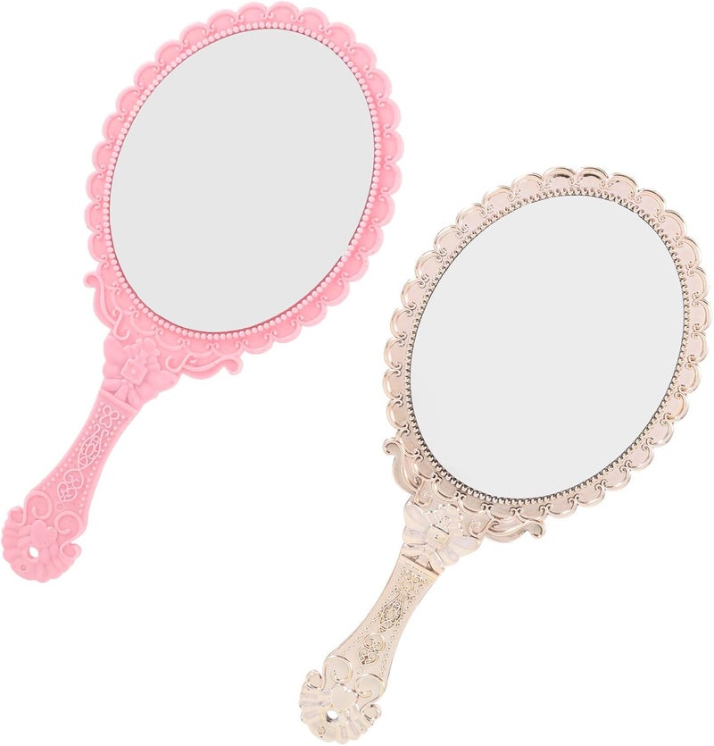 FAVOMOTO 2pcs Portable Handheld Makeup Mirrors with Embossed Flower Handle, Vintage Compact Face Cosmetic Mirrors for Ladies, Pink and Rose Gold, Travel and Daily Use - Image 1