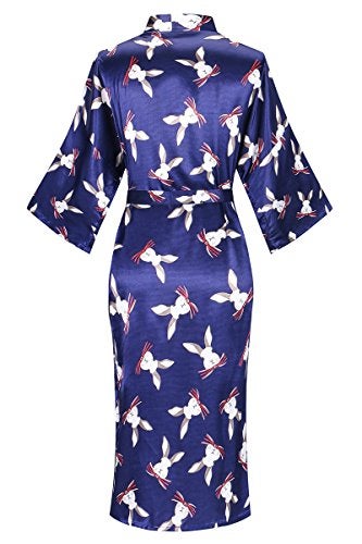 DandyChic Women's Long Floral Satin Robes Imitation Silk Sleepwear Bridal Dressing Gown for Bridesmaid Nightgown, rabbit-navy-XL - Image 2