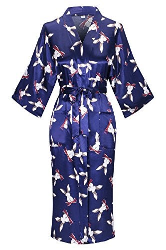 DandyChic Women's Long Floral Satin Robes Imitation Silk Sleepwear Bridal Dressing Gown for Bridesmaid Nightgown, rabbit-navy-XL - Image 1