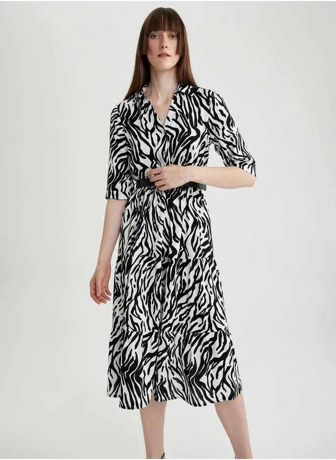 DeFacto Animal Print Collared Shirt Midi Dress