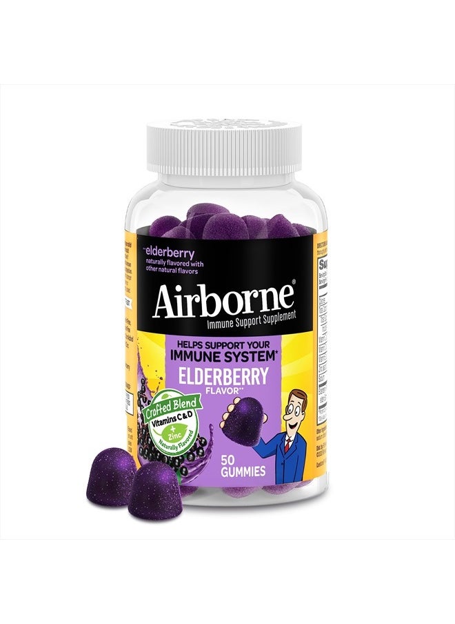 Airborne Elderberry + Zinc & Vitamin C Gummies For Adults, Immune Support Vitamin D & Zinc Gummies With Powerful Antioxidant Vitamins C D & E - 50 Gummies, Elderberry Flavor  - Image 1