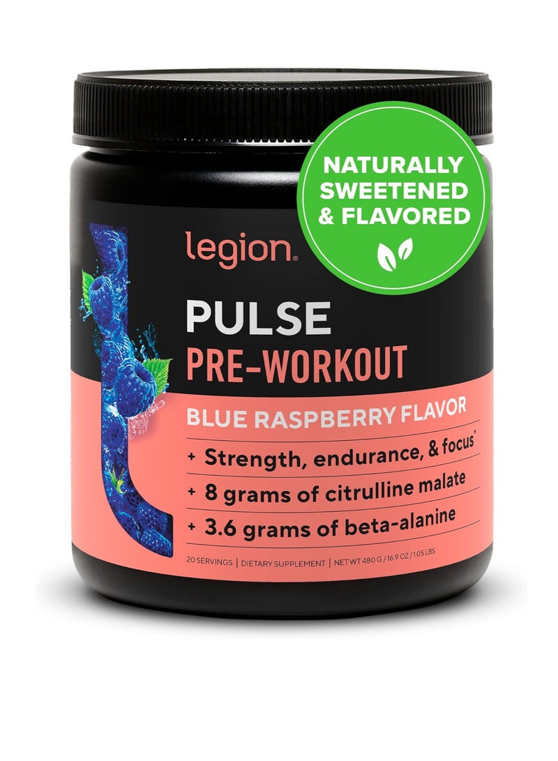 Legion Pulse Pre Workout Supplement - All Natural Nitric Oxide Preworkout Drink to Boost Energy, Creatine Free, Naturally Sweetened, Beta Alanine, Citrulline, Alpha GPC (Blue Raspberry)