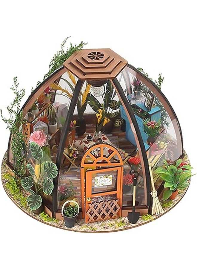 DIY Doll House Wooden Micro Furniture Kit Mini Greenhouse with LED Lights and Artificial Flower Pot Set Best Birthday Gift - Image 1