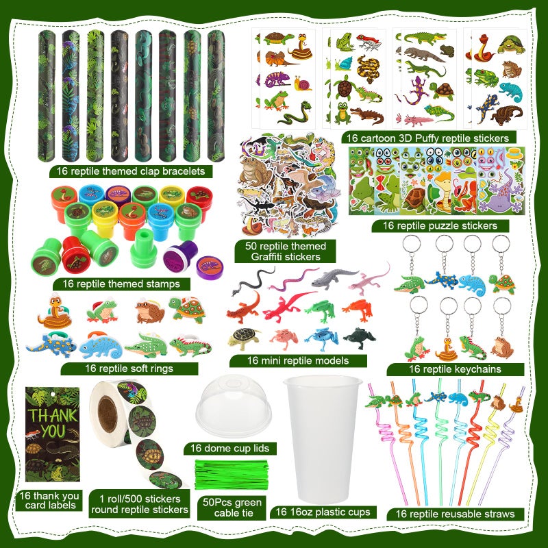 Poen 212 Pcs Reptiles Party Favors Set Include Cup Straw Stamp Clap Bracelet Keychain Ring Puzzle Sticker Animal Miniature Card For Birthday Summer Outdoor Party Baby Shower Goody Bag Stuffer - Image 2