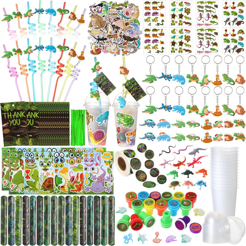 Poen 212 Pcs Reptiles Party Favors Set Include Cup Straw Stamp Clap Bracelet Keychain Ring Puzzle Sticker Animal Miniature Card For Birthday Summer Outdoor Party Baby Shower Goody Bag Stuffer - Image 1