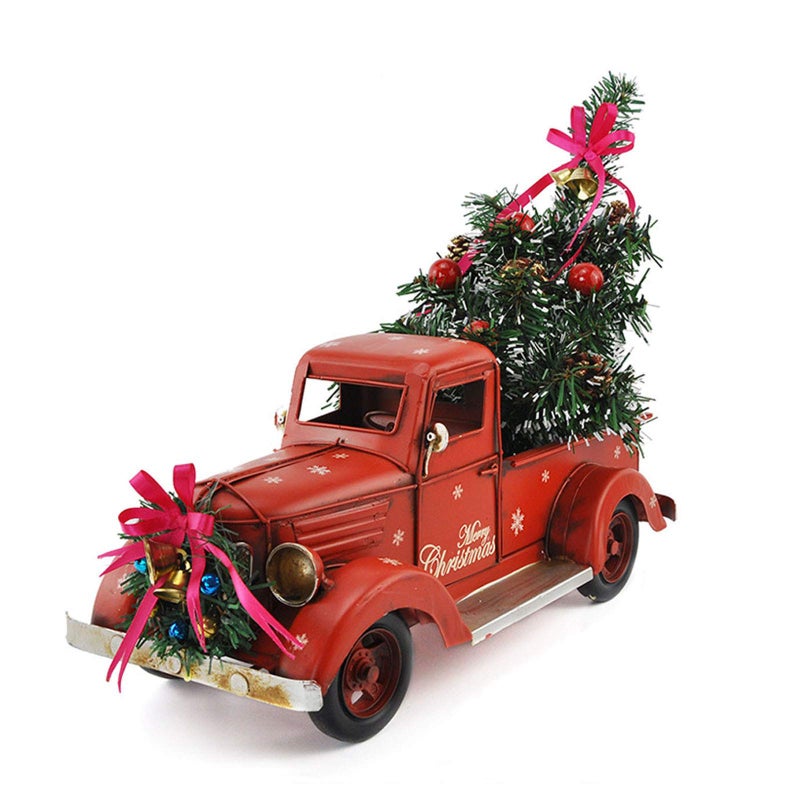 hao HAO Vintage Red Truck with Mini Christmas Trees Ornaments Handcrafted Old Red Metal Pickup Truck Car Model for Christmas Decorations Table Top Decor 18inch 